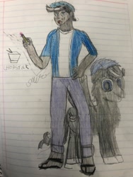 Size: 720x960 | Tagged: safe, imported from derpibooru, oc, oc:chopsticks, human, pony, hat, lined paper, male, pencil, pencil drawing, self paradox, self ponidox, sketch, solo, stallion, traditional art