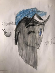Size: 720x960 | Tagged: safe, imported from derpibooru, oc, oc:chopsticks, pegasus, pony, bust, hat, looking at you, male, one eye closed, pencil drawing, solo, stallion, traditional art, wink