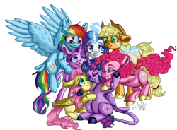 Size: 1050x771 | Tagged: safe, artist:tersisa, imported from derpibooru, applejack, fluttershy, pinkie pie, rainbow dash, rarity, starlight glimmer, twilight sparkle, alicorn, earth pony, pegasus, pony, unicorn, applejack's hat, cowboy hat, curved horn, ear fluff, eyes closed, female, hat, horn, leonine tail, looking at each other, looking at someone, magic, magic aura, mane six, mare, one eye closed, simple background, sitting, smiling, tail, transparent background, twilight sparkle (alicorn), unshorn fetlocks, wing fluff, wings