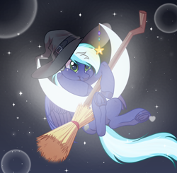 Size: 2408x2360 | Tagged: safe, artist:kim0508, imported from derpibooru, oc, oc:moonlight drop, pegasus, broom, commission, cute, hanging, hat, heart, heart eyes, moon, solo, wingding eyes, witch hat, ych result