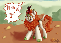 Size: 2000x1424 | Tagged: safe, artist:tersisa, imported from derpibooru, autumn blaze, kirin, cloven hooves, exclamation point, female, mare, open mouth, rock, solo, speech bubble, teeth