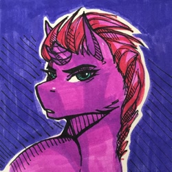 Size: 604x604 | Tagged: safe, artist:chiffir, imported from derpibooru, tempest shadow, my little pony: the movie, broken horn, horn, looking at you, purple background, simple background, traditional art, turned head