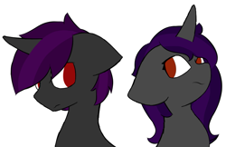 Size: 783x508 | Tagged: safe, artist:starstrucksocks, imported from derpibooru, oc, oc only, pony, unicorn, duo, eyes open, female, gray coat, horn, looking at each other, looking at someone, male, mare, red eyes, rule 63, simple background, stallion, white background