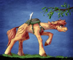 Size: 1389x1142 | Tagged: safe, artist:thatonegib, imported from derpibooru, oc, oc only, giraffe, backpack, knife, long neck, looking up, solo, tree branch