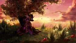 Size: 1920x1080 | Tagged: safe, artist:thatonegib, imported from derpibooru, oc, oc only, changeling, changeling oc, commission, insect wings, looking at each other, looking at someone, membranous wings, purple changeling, scenery, smiling, solo, sunset, tree, under the tree, wings, ych result