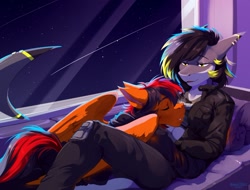 Size: 1280x971 | Tagged: safe, artist:hakkids2, imported from derpibooru, oc, oc:winged whisper, anthro, pegasus, plantigrade anthro, shark, bed, clothes, cuddling, female, jacket, lying down, male, pants, pegasus oc, shooting star, sleeping, snuggling, space, space station