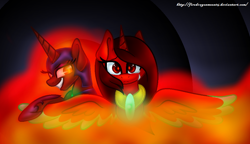 Size: 1024x590 | Tagged: safe, artist:firedragonmoon15, imported from derpibooru, oc, oc:nightmare phoenix, oc:phoenix scarletruby, alicorn, pony, abstract background, brown mane, colored wings, crying, ethereal mane, evil grin, grin, helmet, jewelry, looking at you, mint wings, necklace, red wings, smiling, spread wings, two toned wings, wings