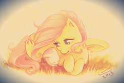 Size: 1280x856 | Tagged: safe, artist:linnpuzzle, imported from derpibooru, fluttershy, pegasus, rabbit, 2013, animal, covering, cute, shyabetes, wing covering, wings