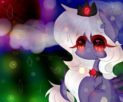 Size: 979x816 | Tagged: safe, artist:magicangelstarartist, imported from derpibooru, oc, oc only, oc:blood moon, alicorn, blurry background, crown, jewelry, regalia, sitting, solo, starry eyes, wingding eyes