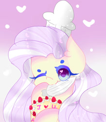 Size: 835x957 | Tagged: safe, artist:magicangelstarartist, imported from derpibooru, oc, oc only, earth pony, baker, cake, food, frosting, multicolored hair, simple background, solo