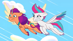 Size: 3072x1727 | Tagged: safe, imported from derpibooru, screencap, sunny starscout, zipp storm, alicorn, pegasus, pony, spoiler:g5, spoiler:my little pony: tell your tale, spoiler:tyts01e49, duo, duo female, female, flying, frown, g5, mare, mission imponable, my little pony: tell your tale, race swap, spread wings, sunnycorn, wings