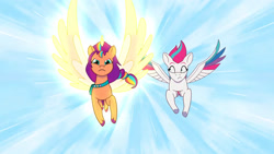 Size: 3072x1727 | Tagged: safe, imported from derpibooru, screencap, sunny starscout, zipp storm, alicorn, pegasus, pony, spoiler:g5, spoiler:my little pony: tell your tale, spoiler:tyts01e49, duo, duo female, female, flying, frown, g5, mare, mission imponable, my little pony: tell your tale, race swap, spread wings, sunnycorn, wings