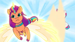 Size: 3072x1727 | Tagged: safe, imported from derpibooru, screencap, sunny starscout, zipp storm, alicorn, pegasus, pony, spoiler:g5, spoiler:my little pony: tell your tale, spoiler:tyts01e49, duo, duo female, female, flying, frown, g5, mare, mission imponable, my little pony: tell your tale, race swap, spread wings, sunnycorn, wings