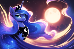 Size: 3121x2048 | Tagged: safe, editor:montaraz13, imported from derpibooru, prompter:montaraz13, princess luna, alicorn, pony, ai content, ai generated, ethereal mane, female, full moon, generator:novelai, generator:stable diffusion, lidded eyes, long mane, looking at you, moon, night, night sky, regalia, sky, smiling, smiling at you, solo, stars, wallpaper