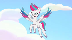 Size: 3072x1727 | Tagged: safe, imported from derpibooru, screencap, zipp storm, pegasus, pony, spoiler:g5, spoiler:my little pony: tell your tale, spoiler:tyts01e49, female, flying, g5, mare, mission imponable, my little pony: tell your tale, open mouth, solo, spread wings, wings