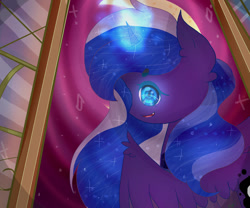 Size: 979x816 | Tagged: safe, artist:magicangelstarartist, imported from derpibooru, princess luna, alicorn, ethereal mane, glowing, glowing horn, horn, looking at you, looking back, looking back at you, solo, starry mane, throne
