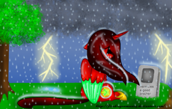 Size: 723x459 | Tagged: safe, artist:firedragonmoon15, imported from derpibooru, oc, oc:phoenix scarletruby, alicorn, pony, brown mane, colored wings, crying, gravestone, lightning, lowres, mint wings, rain, red wings, sitting, tree, two toned wings, wings