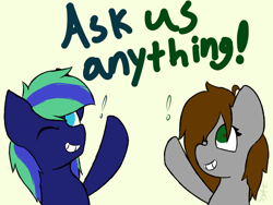 Size: 636x478 | Tagged: safe, artist:starstrucksocks, imported from derpibooru, oc, oc only, oc:silver fang, oc:sweet cheeks, earth pony, pony, blue eyes, duo, female, green eyes, looking at you, male, mare, one eye closed, simple background, stallion, text, wink, winking at you, yellow background