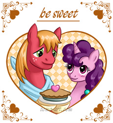 Size: 735x800 | Tagged: safe, artist:facja, imported from derpibooru, big macintosh, sugar belle, earth pony, pony, blushing, food, holiday, pie, valentine's day