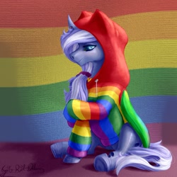 Size: 1257x1259 | Tagged: safe, artist:thatonegib, imported from derpibooru, oc, oc only, changeling, clothes, collar, commission, hoodie, looking at you, pride flag, shy, sitting, smiling, solo, ych result