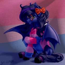 Size: 1257x1259 | Tagged: safe, artist:thatonegib, imported from derpibooru, oc, oc only, oc:shadow twinkle, bat pony, bat pony oc, bisexual pride flag, bow, clothes, commission, glasses, hair bow, hoodie, looking at you, pride, pride flag, shy, sitting, smiling, socks, solo, unshorn fetlocks, ych result