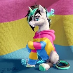 Size: 1257x1259 | Tagged: safe, artist:thatonegib, imported from derpibooru, oc, oc only, amputee, clothes, commission, hoodie, horn, looking at you, multicolored hair, pansexual pride flag, pride, pride flag, prosthetic leg, prosthetic limb, prosthetics, scar, shy, sitting, smiling, solo, unshorn fetlocks, ych result