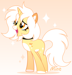 Size: 2180x2260 | Tagged: safe, artist:mint-light, imported from derpibooru, oc, oc only, unicorn, female, gradient background, horn, looking to the left, open mouth, open smile, signature, smiling, solo, unicorn oc