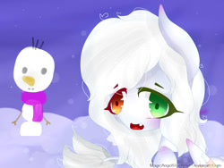 Size: 1024x768 | Tagged: safe, artist:magicangelstarartist, imported from derpibooru, oc, oc only, pegasus, colored wings, heterochromia, multicolored wings, simple background, snow, snowman, solo, wings