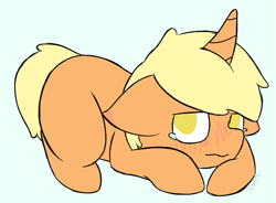 Size: 575x423 | Tagged: safe, artist:starstrucksocks, imported from derpibooru, oc, oc only, unicorn, blushing, eyes open, gray background, horn, lying down, male, orange coat, simple background, solo, stallion, teary eyes, yellow eyes