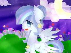 Size: 1024x768 | Tagged: safe, artist:magicangelstarartist, imported from derpibooru, oc, pegasus, pony, crescent moon, female, flower, mare, moon, multicolored hair, night, oc oly, side view, solo