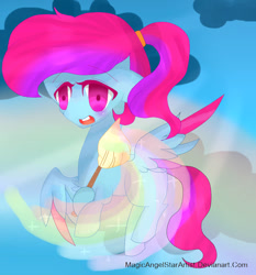 Size: 863x926 | Tagged: safe, artist:magicangelstarartist, imported from derpibooru, oc, oc only, pegasus, pony, female, flying, mare, multicolored hair, paintbrush, simple background, solo