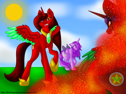 Size: 1024x768 | Tagged: safe, artist:firedragonmoon15, imported from derpibooru, oc, oc:nightmare phoenix, oc:phoenix scarletruby, alicorn, pony, angry, brown mane, colored wings, crying, looking at someone, mint wings, pink coat, pink mane, pink tail, raised hoof, red coat, red wings, standing, sun, tail, two toned wings, wings