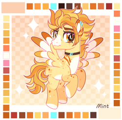 Size: 2655x2605 | Tagged: safe, artist:mint-light, imported from derpibooru, oc, oc only, pegasus, checkered background, commission, flying, looking at you, male, melancholy, palette, pegasus oc, signature, solo
