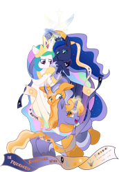 Size: 5773x8414 | Tagged: safe, artist:lincolnbrewsterfan, derpibooru exclusive, imported from derpibooru, part of a set, princess celestia, princess luna, oc, oc:imperii solem (empirica sol), oc:lunae novae (new luna), alicorn, pony, unicorn, derpibooru, series:apri(luna) fools!, .svg available, 2023, absurd resolution, aftermath, all is well, alternate design, april fools, april fools 2023, blue, blue eyes, blue mane, blue tail, celebration, clothes, colored wings, crossed horns, crown, cute, cute face, cute smile, cyan eyes, derpibooru logo, derpibooru ponified, description is relevant, dock, embrace, ethereal hair, ethereal mane, ethereal tail, everything is fixed, everything went better than expected, female, finale, floating, flowing mane, flowing tail, glare, glowing, glowing horn, gold, golden eyes, gradient hair, gradient mane, gradient tail, gradient wings, group, group hug, happiness, happy, head down, hoof heart, horn, horns are touching, hug, implied princess celestia, implied princess luna, inkscape, inverted colors, jewelry, lesson, levitation, logo, long horn, long mane, long tail, looking at each other, looking at someone, looking at you, looking down, looking up, magic, magic aura, magic circle, magic glow, mare, meta, moon, movie accurate, multicolored hair, multicolored mane, multicolored tail, new lunar republic, ocbetes, opposites, palette swap, part of a series, peytral, ponified, ponified logo, positive message, positive ponies, princess celestia's cutie mark, princess luna's cutie mark, projection, quartet, raised hoof, recolor, regalia, representative, reunion, ribbon, runes, runescape, shoes, sibling love, siblings, simple background, sister, sisterly love, sisters, smiling, smiling at each other, solar empire, sparkly mane, sparkly tail, spread hooves, striped mane, striped tail, svg, tail, teal eyes, telekinesis, thank you, thanks, the war is over, timeline, touching hooves, translucent mane, transparent background, transparent mane, transparent tail, tribute, twin sisters, twins, underhoof, unicorn oc, united equestria, vector, winghug, wings, yellow eyes, you guys are awesome and i love you