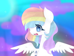 Size: 1024x768 | Tagged: safe, artist:magicangelstarartist, imported from derpibooru, oc, oc only, pegasus, pony, female, mare, multicolored hair, simple background, solo, spread wings, wings