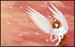 Size: 2436x1512 | Tagged: safe, artist:samadriel, imported from derpibooru, oc, pegasus, pony, cloud, eyes closed, feather, female oc, flying, large wings, pegasus oc, sky, solo, wind, wings