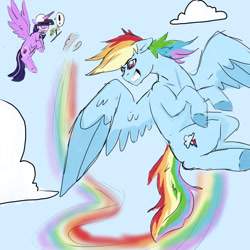 Size: 1024x1024 | Tagged: safe, artist:captainloafnugget, imported from derpibooru, rainbow dash, twilight sparkle, alicorn, pegasus, clipboard, cloud, contrail, exclamation point, flying, hat, pencil, rainbow contrail, shocked, shocked expression, stopwatch, twilight sparkle (alicorn)