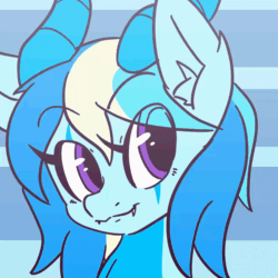 Size: 1200x1200 | Tagged: safe, artist:nova rain, imported from derpibooru, oc, oc only, oc:arctic plasma, hybrid, pony, animated, bust, commission, cute, ear fluff, eyes closed, facial markings, fangs, goat horns, horns, open mouth, simple background, smiling, solo
