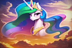 Size: 3072x2048 | Tagged: safe, editor:montaraz13, imported from derpibooru, prompter:montaraz13, princess celestia, alicorn, pony, ai content, ai generated, bust, cloud, crown, eyebrows, female, generator:novelai, generator:stable diffusion, high res, jewelry, lidded eyes, long mane, looking at you, majestic, mare, peytral, portrait, regalia, sky, sky background, smiling, smiling at you, sunset