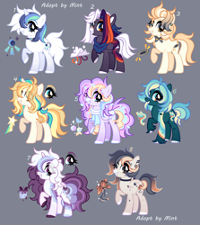 Size: 3336x3738 | Tagged: safe, artist:mint-light, imported from derpibooru, oc, oc only, earth pony, pegasus, unicorn, adoptable, clothes, ear piercing, earring, earth pony oc, eye clipping through hair, female, horn, jewelry, looking at you, multicolored coat, multicolored hair, multicolored mane, pegasus oc, piercing, scarf, signature, smiling, unicorn oc