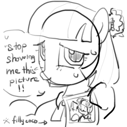 Size: 2058x2048 | Tagged: safe, artist:omelettepony, imported from derpibooru, coco pommel, earth pony, pony, dialogue, embarrassed, female, filly, filly coco pommel, foal, mare, monochrome, mouth hold, picture, solo