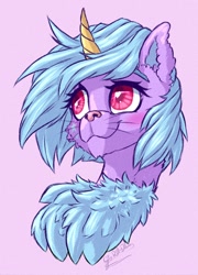 Size: 720x998 | Tagged: safe, artist:thatonegib, imported from derpibooru, oc, oc only, chest fluff, ear fluff, horn, looking up, raffle prize, smiling, solo