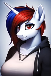 Size: 2048x3072 | Tagged: safe, imported from derpibooru, oc, oc:snowi, unicorn, ai content, ai generated, blue hair, blue mane, bust, clothes, ears, female, horn, mare, red eyes, red hair, red mane, smiling, unicorn oc, white pony