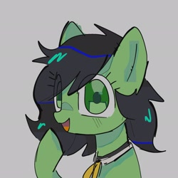 Size: 2048x2048 | Tagged: safe, artist:omelettepony, imported from derpibooru, oc, oc only, oc:filly anon, earth pony, pony, eye clipping through hair, female, filly, foal, gray background, looking at you, necktie, open mouth, raised hoof, simple background, solo