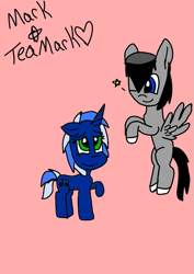 Size: 679x960 | Tagged: safe, imported from derpibooru, oc, oc only, oc:chopsticks, pegasus, pony, unicorn, duo, female, flying, hat, heart, male, mare, oc x oc, one eye closed, shipping, simple background, stallion, text, wink