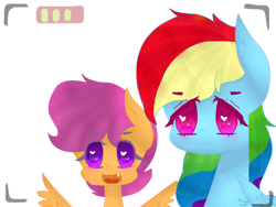 Size: 1024x768 | Tagged: safe, artist:magicangelstarartist, imported from derpibooru, rainbow dash, scootaloo, pegasus, pony, bust, camera shot, duo, female, filly, foal, mare, simple background, transparent background