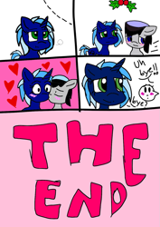 Size: 679x960 | Tagged: safe, imported from derpibooru, oc, oc only, oc:chopsticks, pegasus, pony, unicorn, cheek kiss, comic, duo, female, heart, holly, holly mistaken for mistletoe, kissing, male, mare, oc x oc, shipping, stallion, straight, text