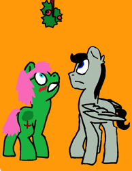 Size: 700x900 | Tagged: safe, imported from derpibooru, oc, oc only, oc:chopsticks, earth pony, pegasus, pony, base used, blushing, duo, female, gritted teeth, holly, holly mistaken for mistletoe, looking up, male, mare, oc x oc, orange background, shipping, simple background, stallion, straight, teeth