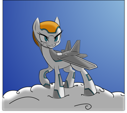 Size: 2063x1841 | Tagged: artist needed, safe, imported from derpibooru, oc, oc only, unnamed oc, original species, plane pony, blue eyes, cloud, determined look, eyelashes, f-22 raptor, female, gradient background, grin, jet, jet fighter, jet plane, looking at something, mare, on a cloud, plane, simple background, smiling, solo