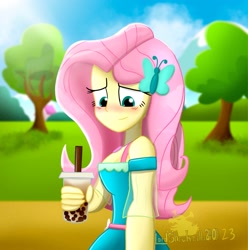 Size: 2033x2048 | Tagged: safe, artist:lordshrekzilla20, imported from derpibooru, fluttershy, human, equestria girls, blushing, breasts, bubble tea, butterfly hairpin, clothes, dress, drinking straw, geode of fauna, hairpin, holiday, magical geodes, offscreen character, outdoors, pov, solo, tree, valentine's day